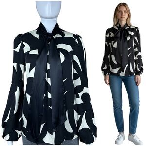 Diane von Furstenberg Silk Tie Neck Geometric Blouse Size 2 Preppy Office Artsy